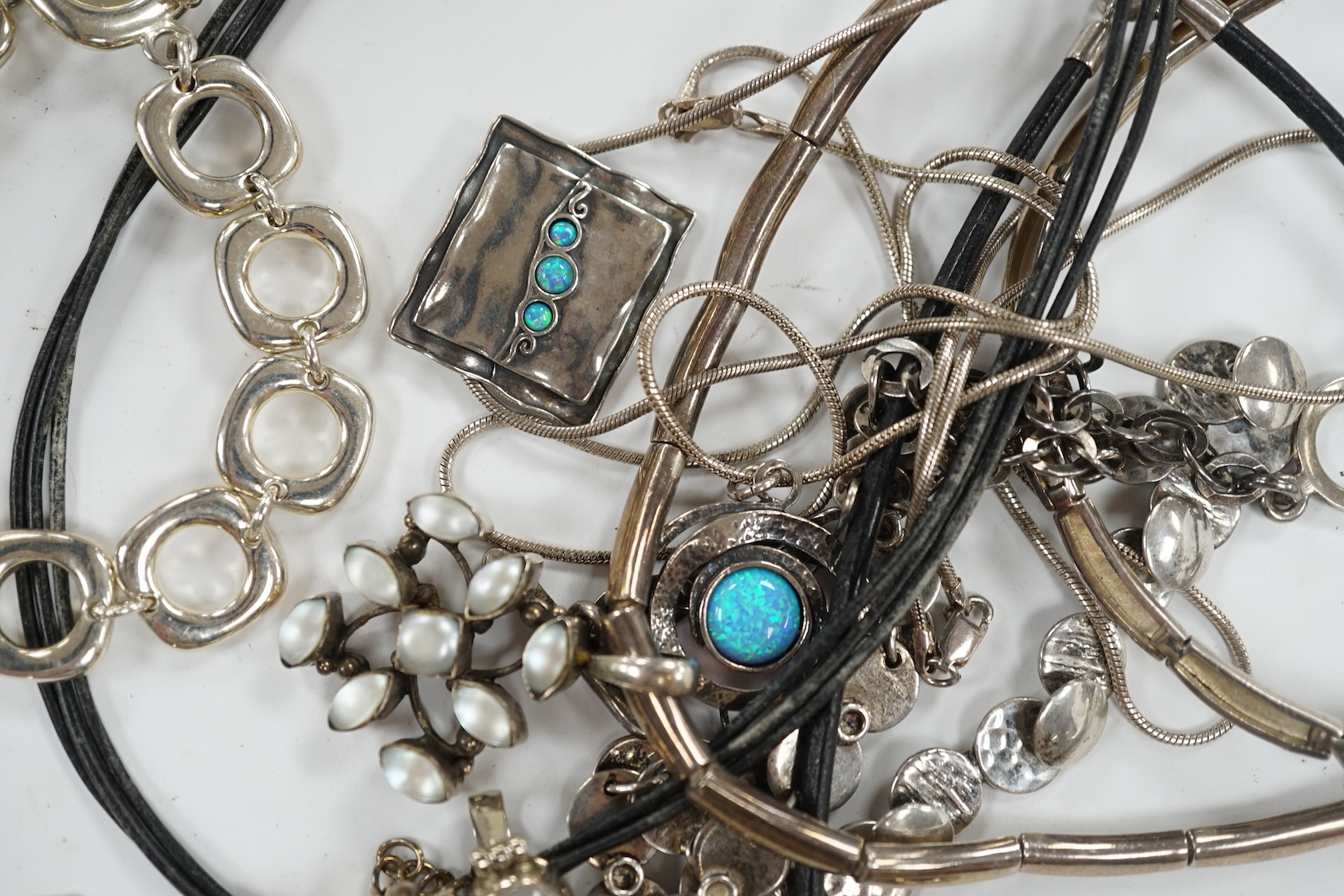 A small group of assorted modern 925 and white metal jewellery including necklaces, bracelet etc. Condition - fair